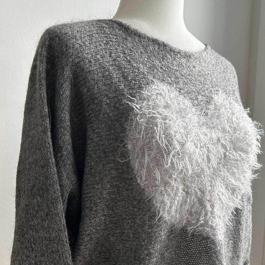 Liu Jo Heather Grey Mohair-Blend Plush Heart Sweater With Dolman Sleeves Eu M